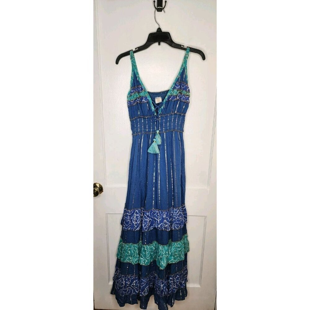 NWOT Sz S/M Ananta Made In India 100% Rayon Blue Gold Stripe Dress Boho Ruffle